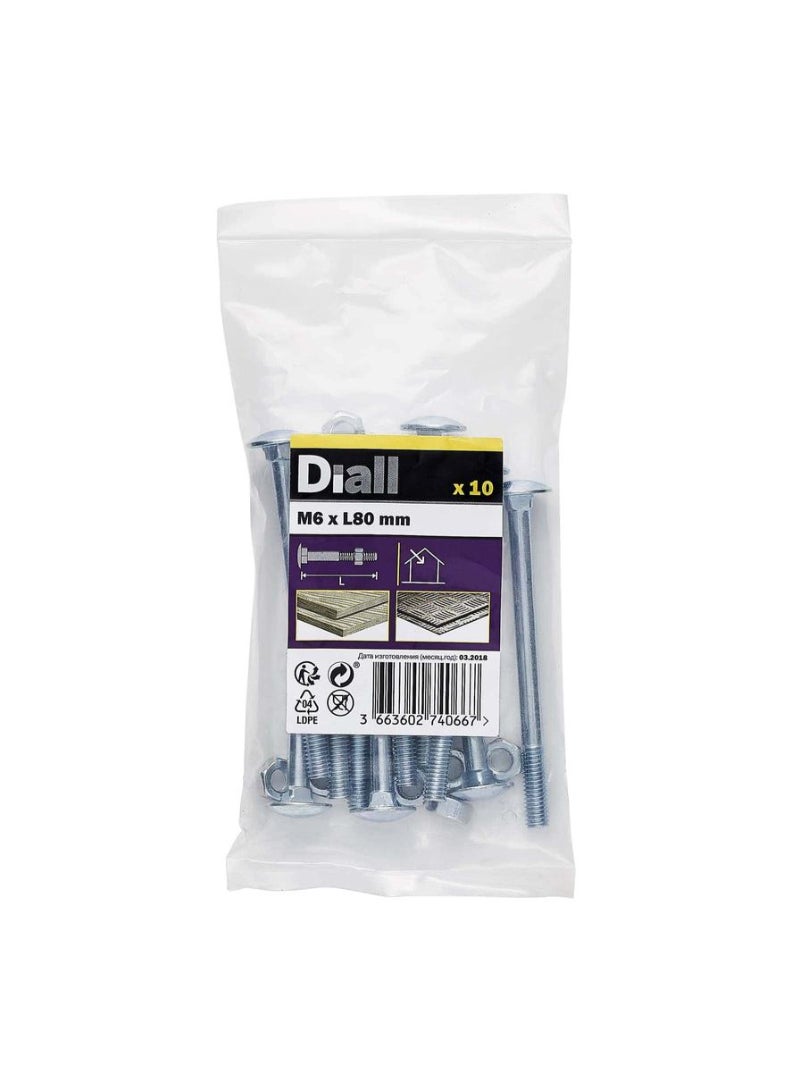 ACE Zinc Plated Carbon Steel Square Coach Nut And Bolt Pack M6 X 80 Mm 10 Piece 