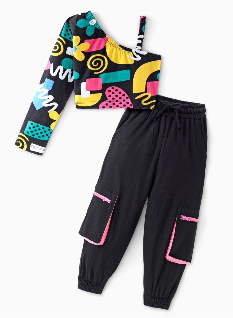 Ollington St. Cotton Lycra One-Shoulder Full Sleeves Printed Top & Cargo Joggers Set - Black  - Image 1