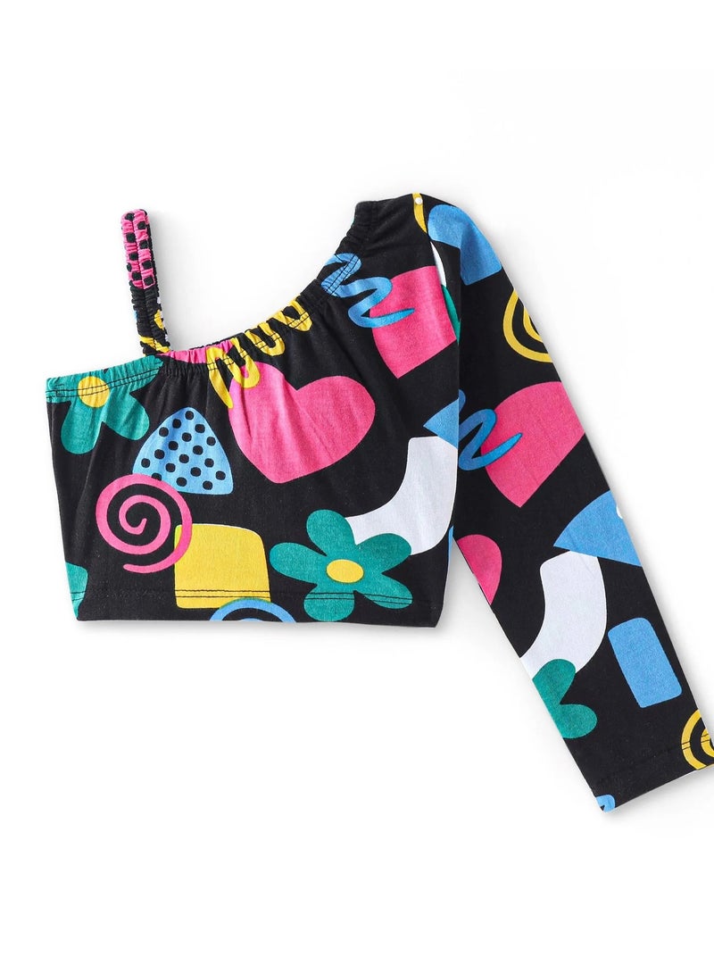 Ollington St. Cotton Lycra One-Shoulder Full Sleeves Printed Top & Cargo Joggers Set - Black  - Image 3