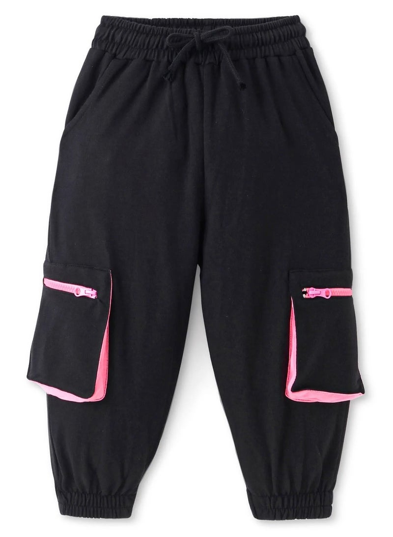 Ollington St. Cotton Lycra One-Shoulder Full Sleeves Printed Top & Cargo Joggers Set - Black  - Image 4