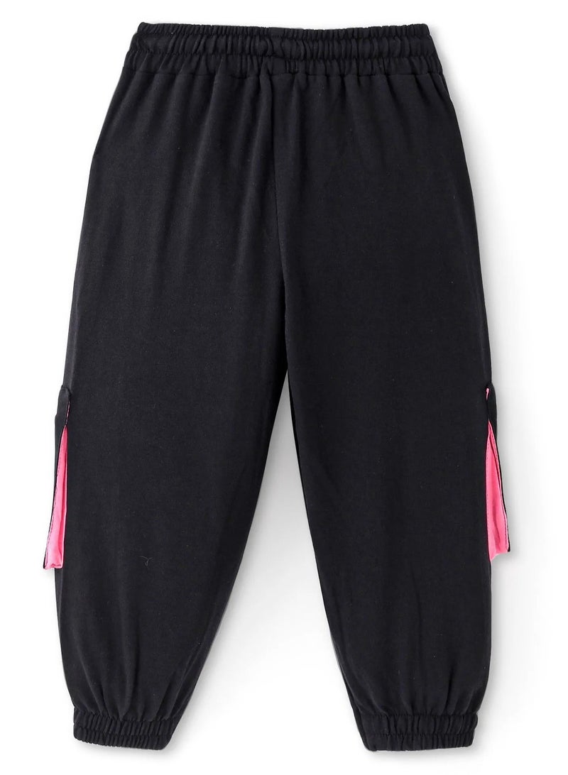 Ollington St. Cotton Lycra One-Shoulder Full Sleeves Printed Top & Cargo Joggers Set - Black  - Image 5