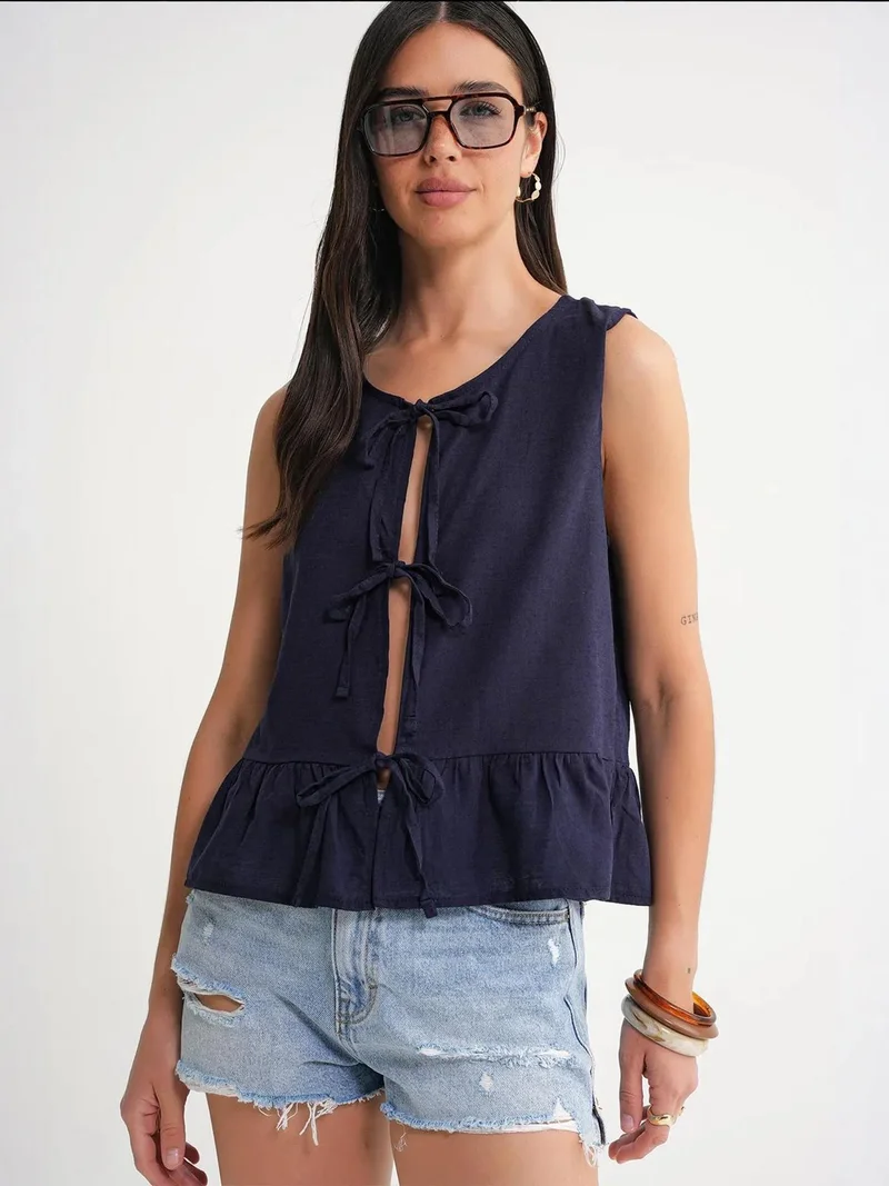 MixRay Navy Blue Mixray Frilly Tie Front Blouse for Women | Best Price UAE