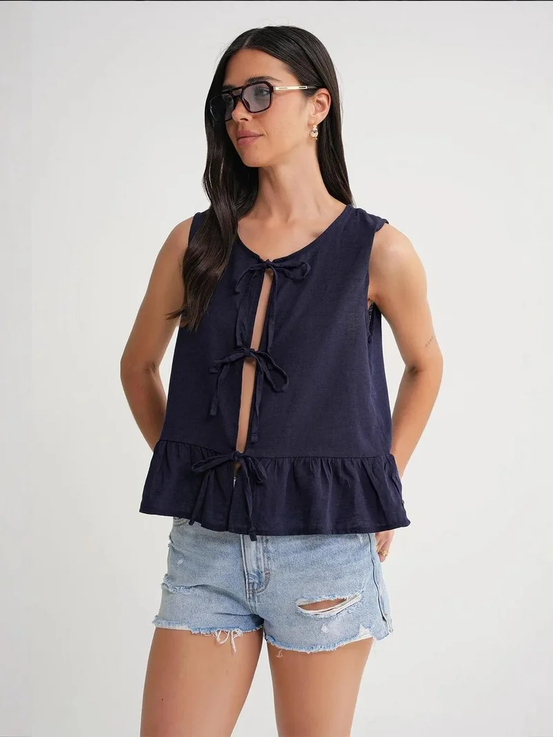MixRay Navy Blue Mixray Frilly Tie Front Blouse for Women | Best Price UAE