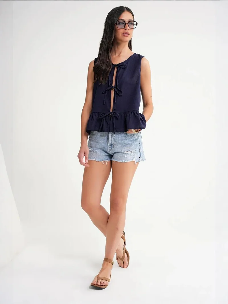 MixRay Navy Blue Mixray Frilly Tie Front Blouse for Women | Best Price UAE