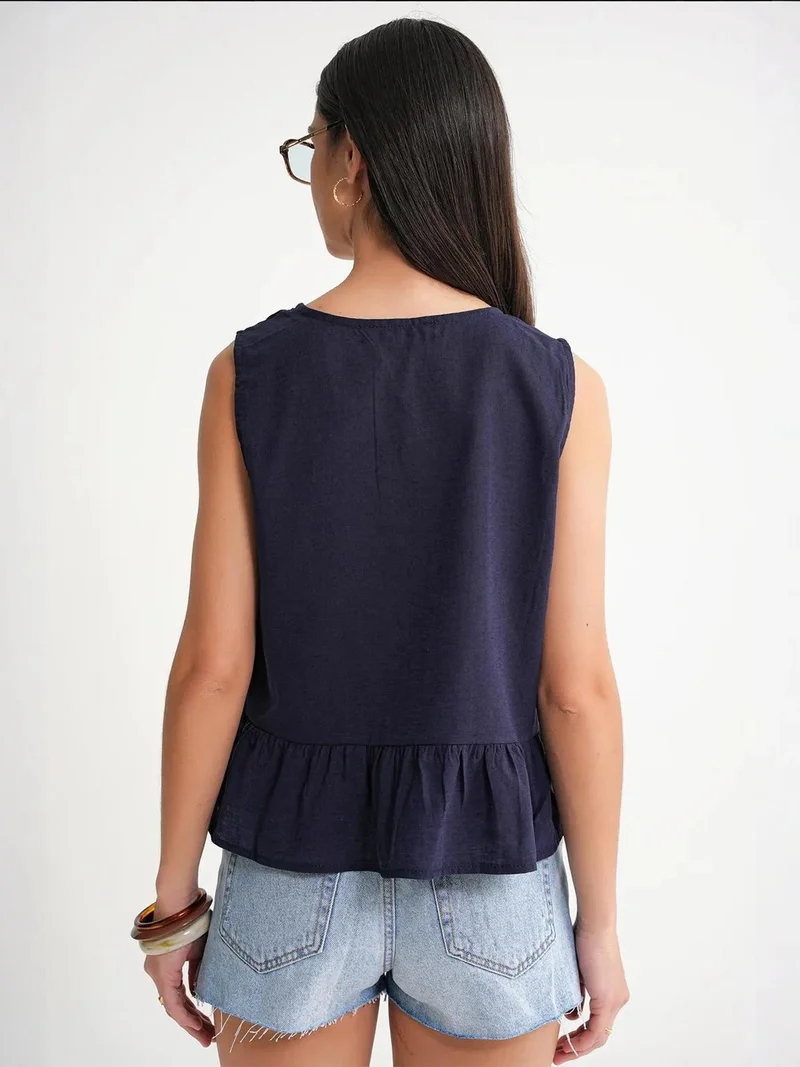 MixRay Navy Blue Mixray Frilly Tie Front Blouse for Women | Best Price UAE