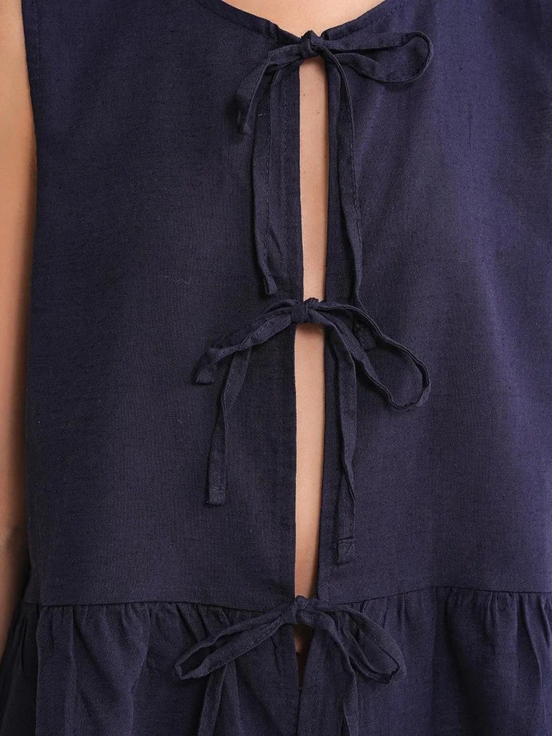 MixRay Navy Blue Mixray Frilly Tie Front Blouse for Women | Best Price UAE