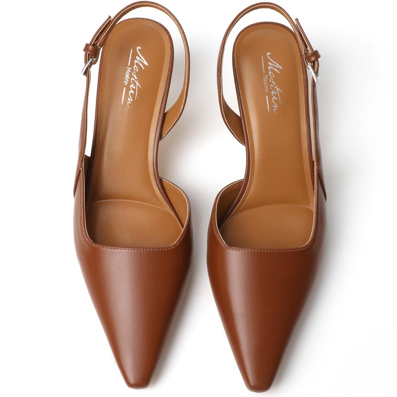Mostrin Brown Slingback Kitten Heels for Women Low Pointed Closed Toe Heels Women's Pumps Shoes Dressy for Office Work Party Size 7 - Image 4