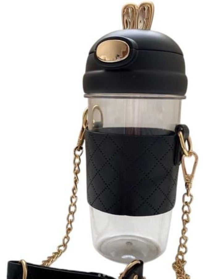 Spaceshoop 550ml Rabbit Ears Cute plastic water bottle with straw Kid Water Bottle Modern Style (Black) - Image 1