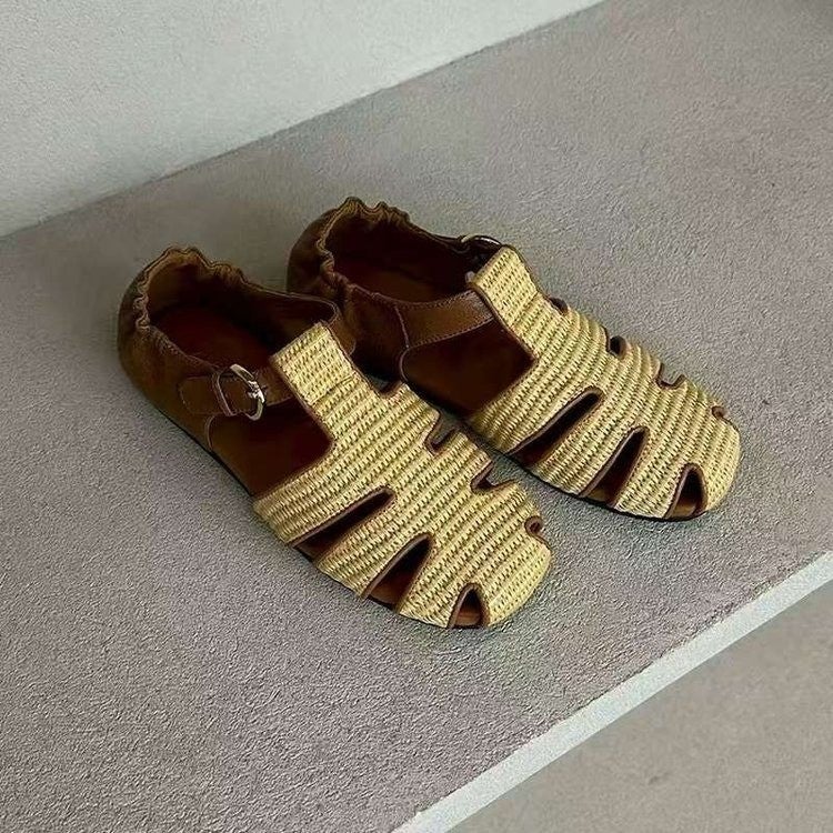 Women's Yellow Woven Mary Jane Flat Sandals - Image 2