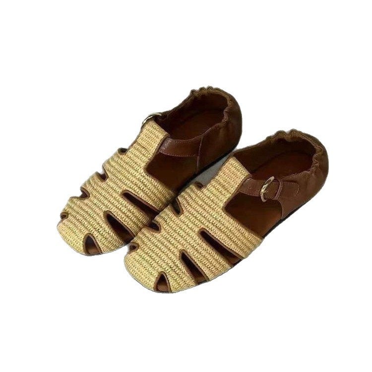 Women's Yellow Woven Mary Jane Flat Sandals - Image 1