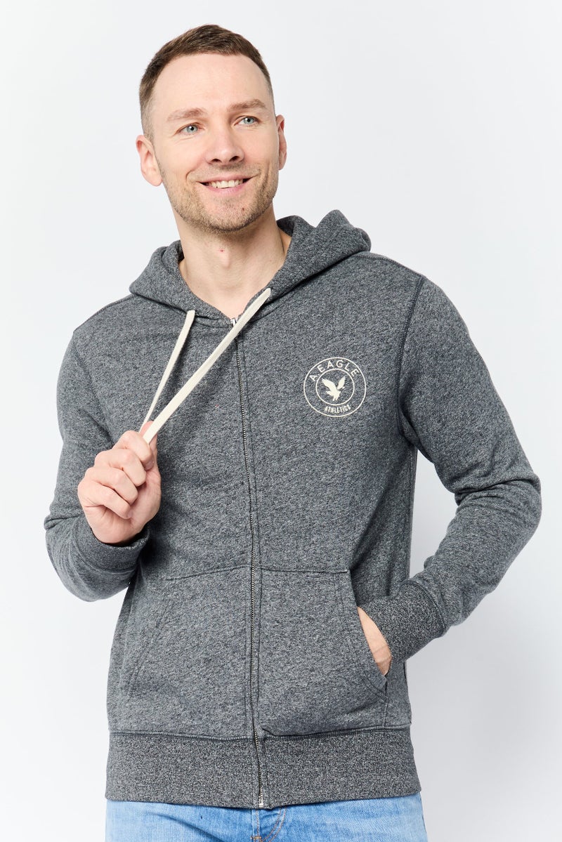 American Eagle Men Brand Logo Long Sleeve Full Zip Hoodie, Dark Heather Grey - Image 1