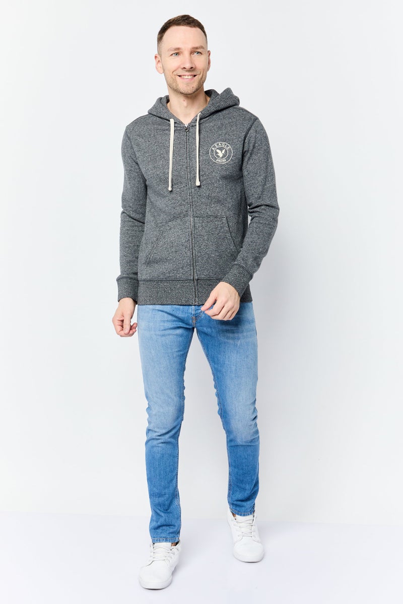 American Eagle Men Brand Logo Long Sleeve Full Zip Hoodie, Dark Heather Grey - Image 2