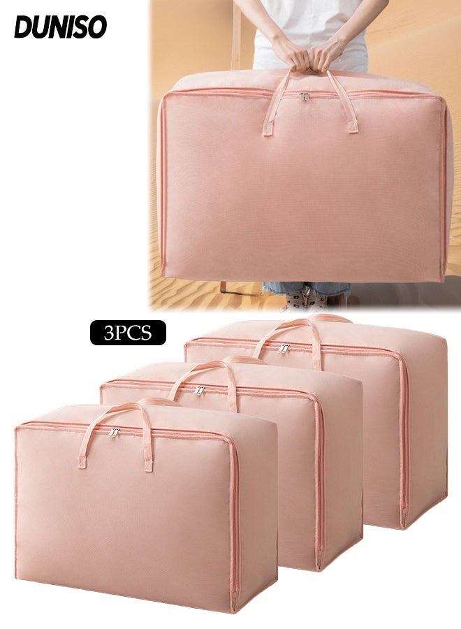 DUNISO 3 Pack Large Storage Bags, Thicken Moving Bags with Strong Zippers & Carrying Handles, Large Heavy Duty Fabric Organizer Bags，Space Saving，Waterproof,for Bedding, Comforters, Quilts, Pillows & Clothes,70*50*26cm，Pink - Image 1