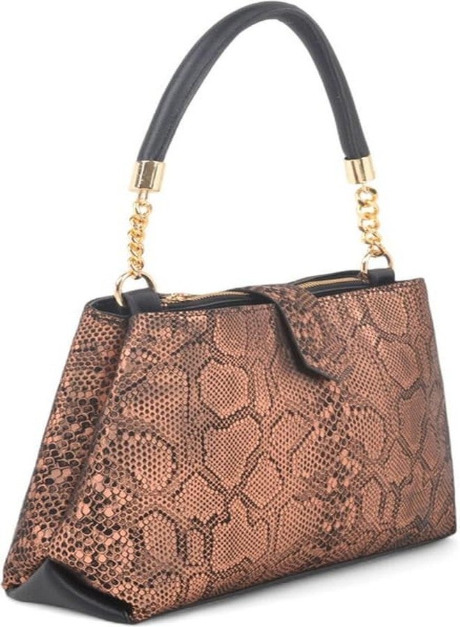 JAV Gold Faux Snake Skin Handbag for Women | Black Accent Design | Chain Handle | Zip Closure Luxury Satchel - Image 4
