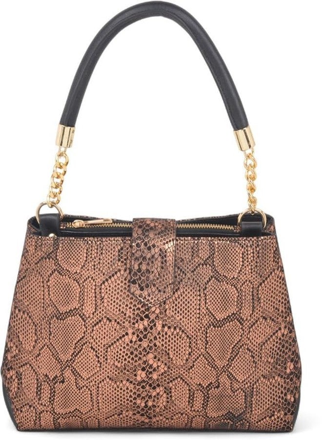 JAV Gold Faux Snake Skin Handbag for Women | Black Accent Design | Chain Handle | Zip Closure Luxury Satchel - Image 2