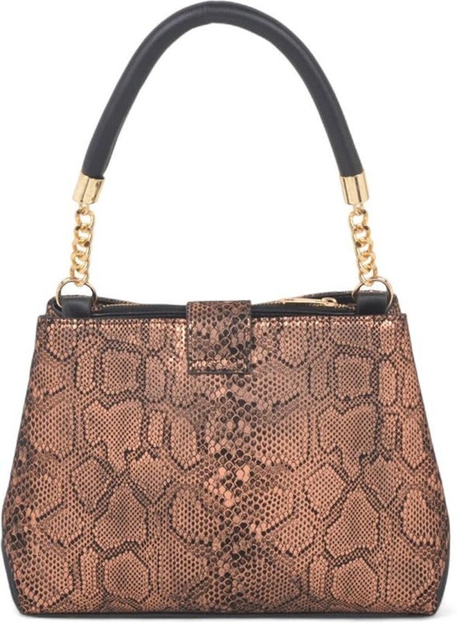 JAV Gold Faux Snake Skin Handbag for Women | Black Accent Design | Chain Handle | Zip Closure Luxury Satchel - Image 3