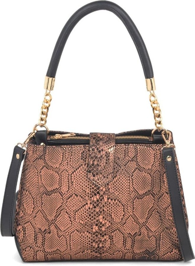 JAV Gold Faux Snake Skin Handbag for Women | Black Accent Design | Chain Handle | Zip Closure Luxury Satchel - Image 1