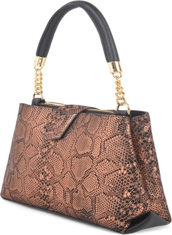 JAV Gold Faux Snake Skin Handbag for Women | Black Accent Design | Chain Handle | Zip Closure Luxury Satchel - Image 5