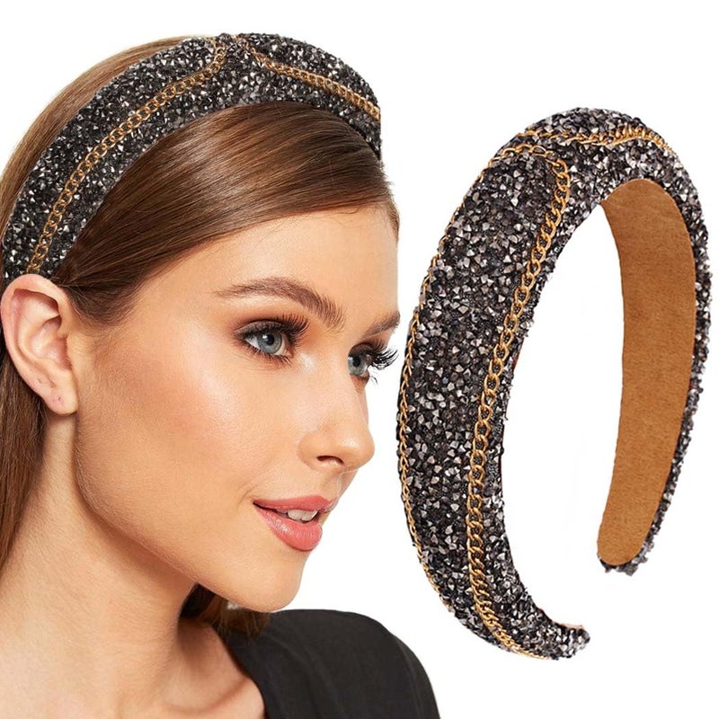 Firuilo Rhinestone Headband Sparkly Crystal Diamond Hairband Chain Hair hoop Black Hair Accessories for Women Type A
