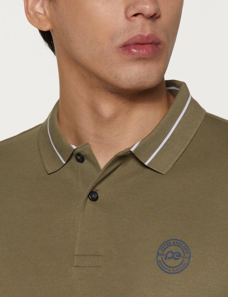 Peter England Men's Regular Fit Branded Insignia Half Sleeve Polo T-Shirt | Cotton Rich | Premium Pique Weave Olive - Image 2