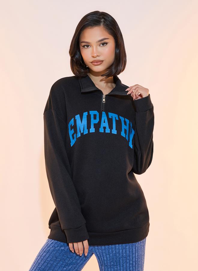Take Two Slogan Print Drop Shoulder Half-Zipper Sweatshirt - Image 1