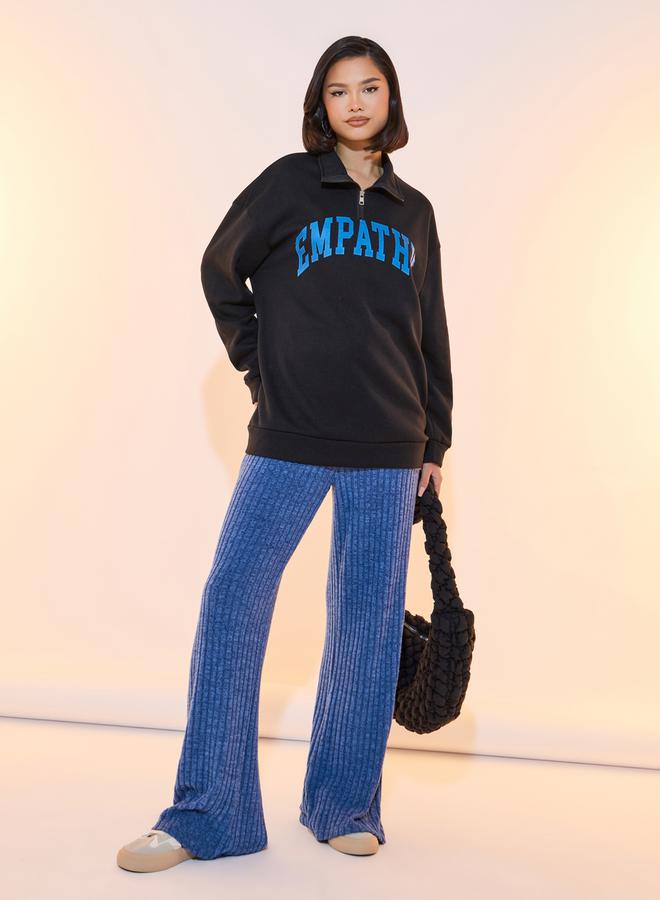Take Two Slogan Print Drop Shoulder Half-Zipper Sweatshirt - Image 3