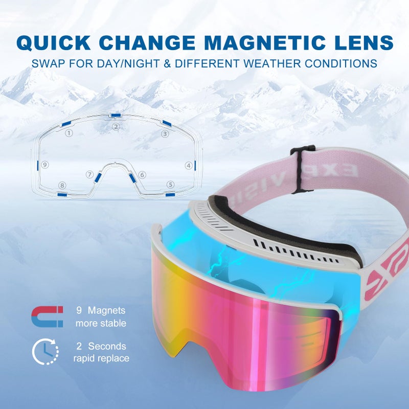 EXP VISION Ski/Snowboard Goggles, Magnetic Lens Snow Goggles with Anti-Fog & UV400 Protection for Men & Women (White Frame-Pink) - Image 2