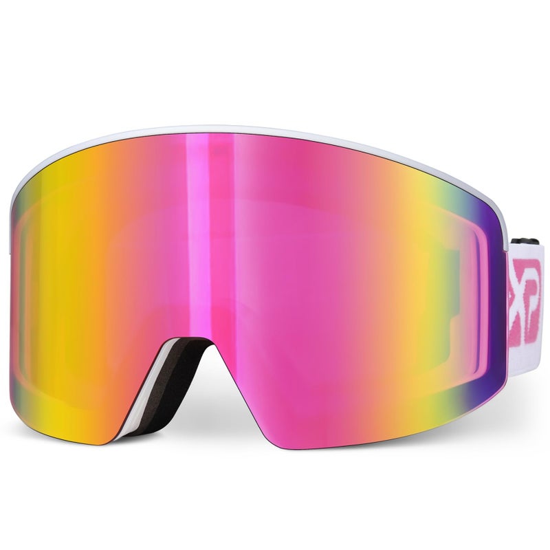 EXP VISION Ski/Snowboard Goggles, Magnetic Lens Snow Goggles with Anti-Fog & UV400 Protection for Men & Women (White Frame-Pink) - Image 1