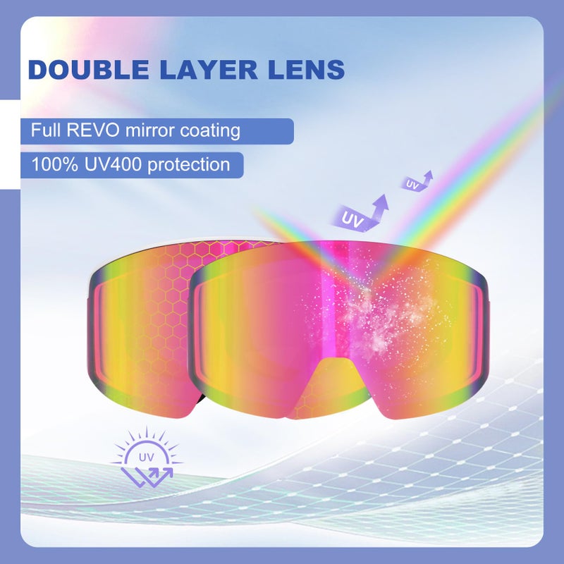 EXP VISION Ski/Snowboard Goggles, Magnetic Lens Snow Goggles with Anti-Fog & UV400 Protection for Men & Women (White Frame-Pink) - Image 3