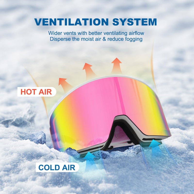 EXP VISION Ski/Snowboard Goggles, Magnetic Lens Snow Goggles with Anti-Fog & UV400 Protection for Men & Women (White Frame-Pink) - Image 4