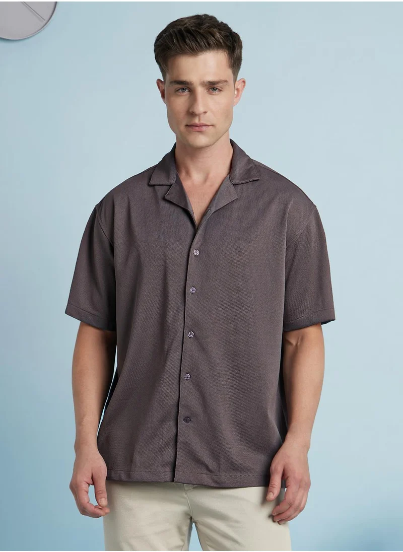 دينيس لينغو Grey Relaxed fit Shirts Textured design crafted from 100% Polyester featuring Half Sleeve with Button closure.