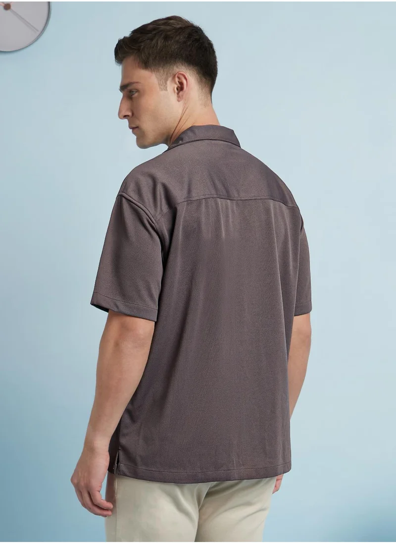 دينيس لينغو Grey Relaxed fit Shirts Textured design crafted from 100% Polyester featuring Half Sleeve with Button closure.