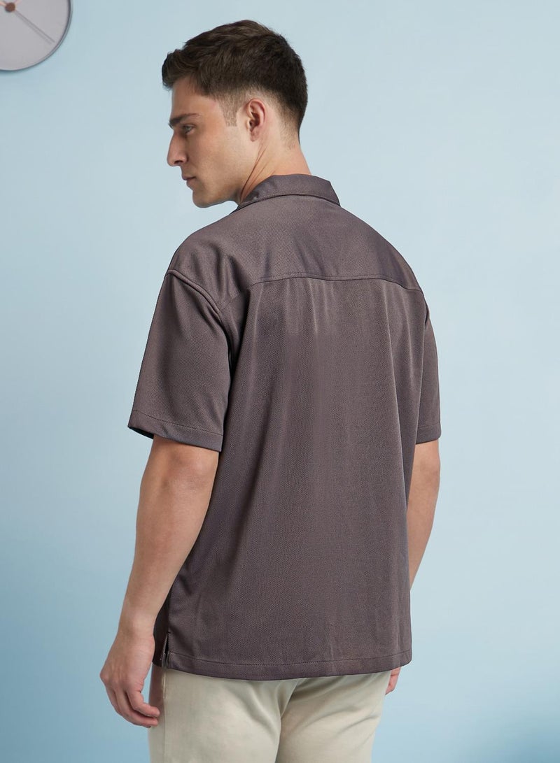 Dennis Lingo Men's Grey 100% Polyester Textured Button Down Relaxed Shirt  - Image 3