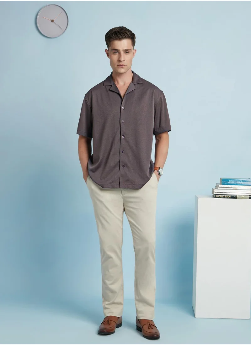 دينيس لينغو Grey Relaxed fit Shirts Textured design crafted from 100% Polyester featuring Half Sleeve with Button closure.