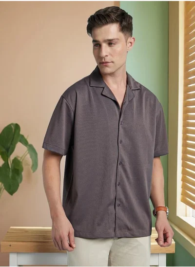 دينيس لينغو Grey Relaxed fit Shirts Textured design crafted from 100% Polyester featuring Half Sleeve with Button closure.