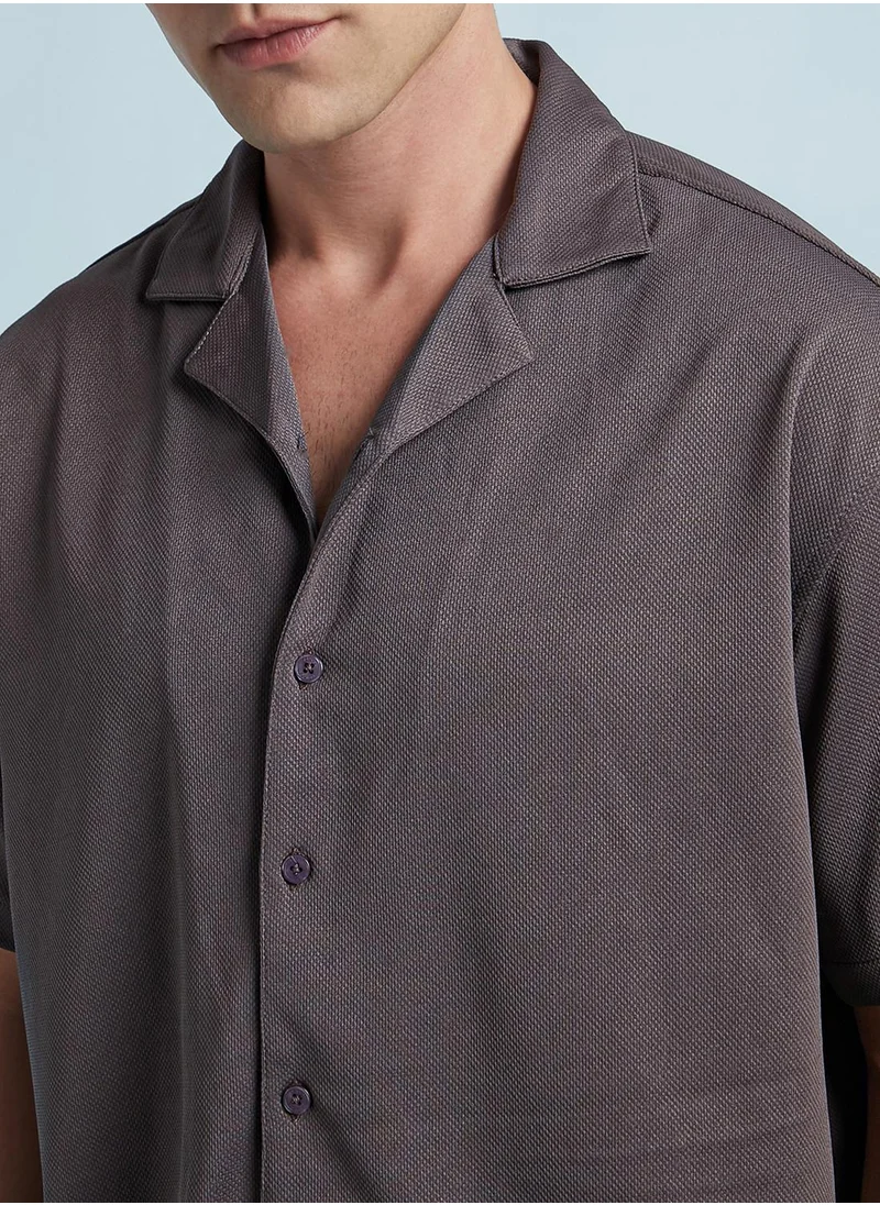دينيس لينغو Grey Relaxed fit Shirts Textured design crafted from 100% Polyester featuring Half Sleeve with Button closure.