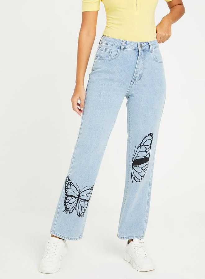 Styli High Rise Butterfly Print Wide Leg Jeans