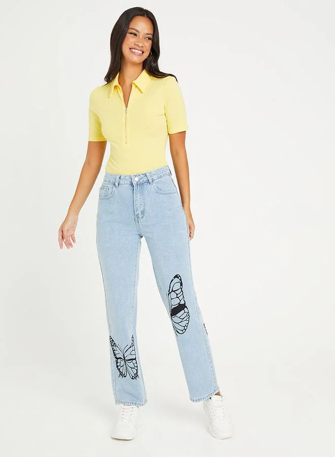 Styli High Rise Butterfly Print Wide Leg Jeans
