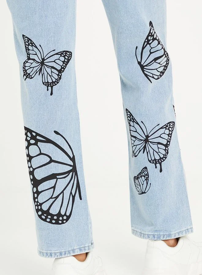 Styli High Rise Butterfly Print Wide Leg Jeans