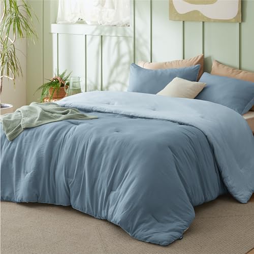 Bedsure Queen Size Comforter Set, Reversible Blue Soft Prewashed Bedding for All Seasons, 3 Pieces Warm Down Alternative Bed Set, 1 Lightweight Comforter (90"x90") and 2 Pillowcases (20"x26") - Image 1