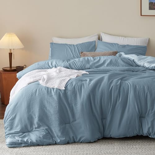 Bedsure Queen Size Comforter Set, Reversible Blue Soft Prewashed Bedding for All Seasons, 3 Pieces Warm Down Alternative Bed Set, 1 Lightweight Comforter (90"x90") and 2 Pillowcases (20"x26") - Image 2