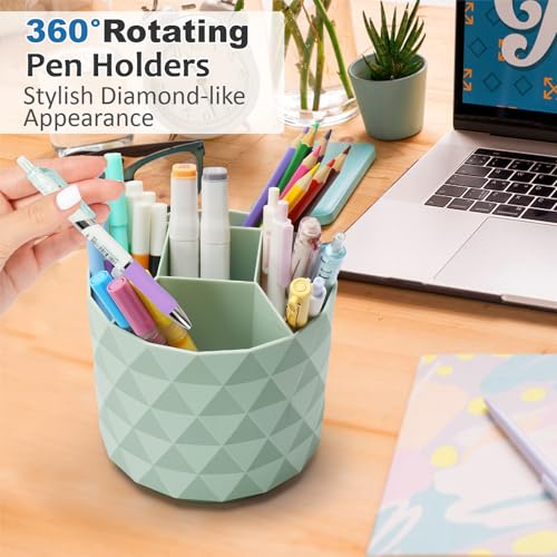 Nuozme Desk Organizer 360Degree Rotating Pencil Pen Holders For Desk Diamond Pattern Pen Organizer With 5 Compartments Cute Desk Accessories Decor For Office SchoolHomeArt Supply Green - Image 3