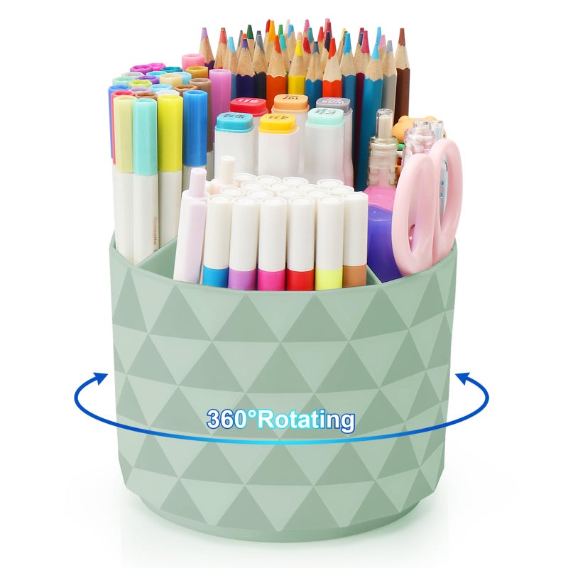 Nuozme Desk Organizer 360Degree Rotating Pencil Pen Holders For Desk Diamond Pattern Pen Organizer With 5 Compartments Cute Desk Accessories Decor For Office SchoolHomeArt Supply Green - Image 2