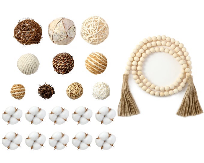 20 PIECES DECORATIVE BALLS FOR BOWLS ASSORTED DECORATIVE BALLS SET BOWL FILLER AND 58 INCHES WOOD BEAD GARLAND WITH TASSELS FOR TABLE VASE FILLER WOOD COLOR