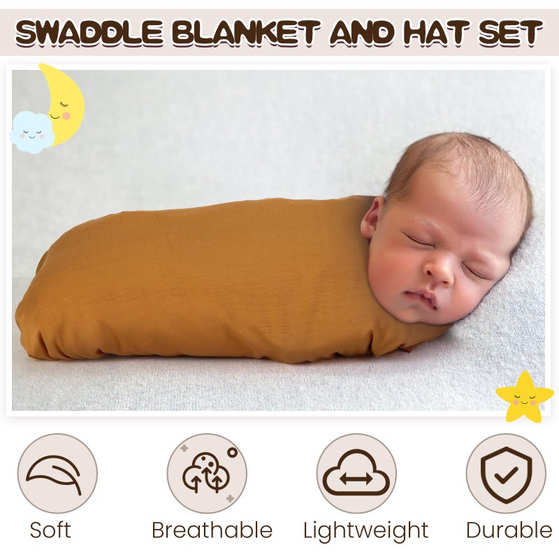 JaGely 2 Pcs Stretchy Baby Swaddle Blankets Set Extra Soft 47" x 47" Baby Newborn Swaddle Blanket and Hat(Navy Blue, Claybank) - Image 4