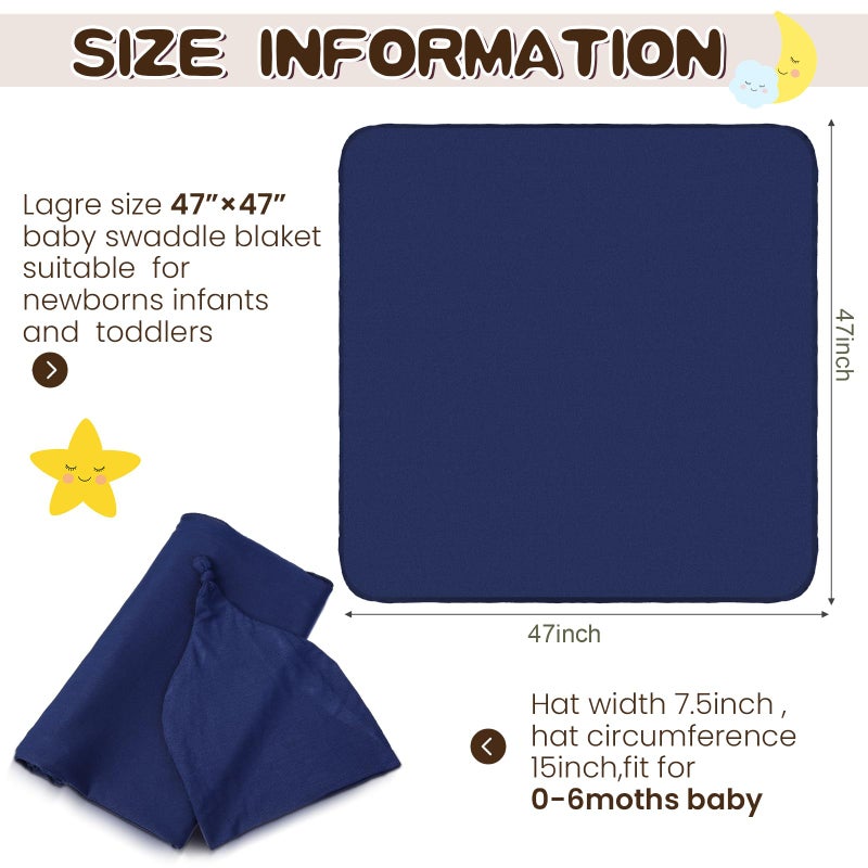 JaGely 2 Pcs Stretchy Baby Swaddle Blankets Set Extra Soft 47" x 47" Baby Newborn Swaddle Blanket and Hat(Navy Blue, Claybank) - Image 2