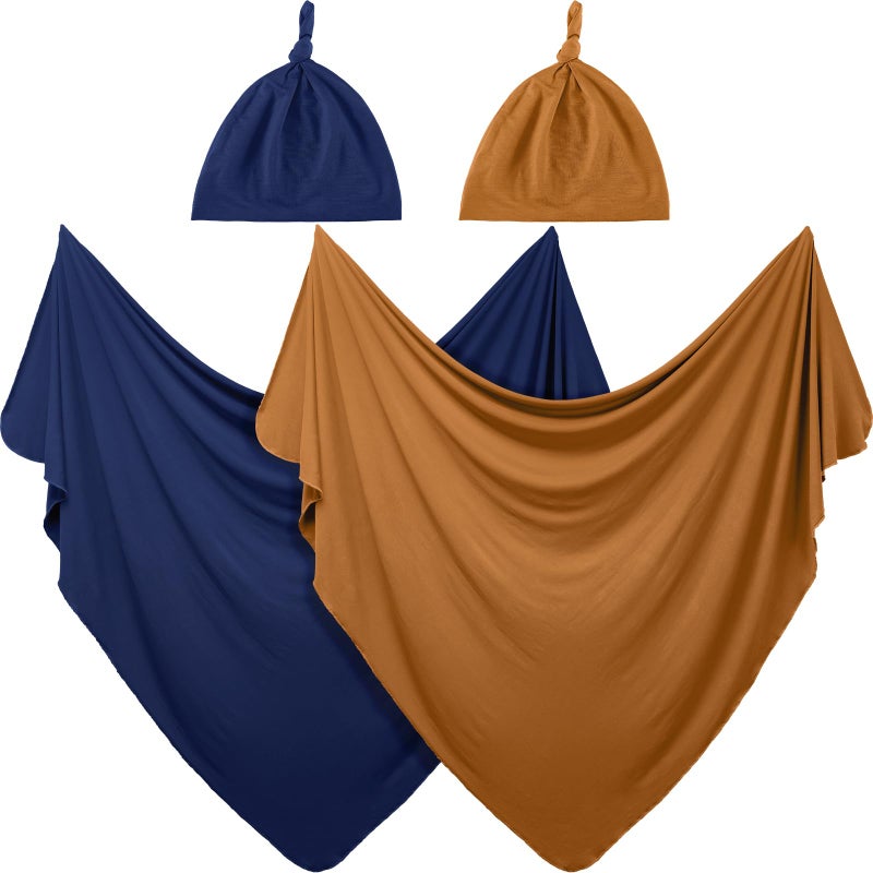 JaGely 2 Pcs Stretchy Baby Swaddle Blankets Set Extra Soft 47" x 47" Baby Newborn Swaddle Blanket and Hat(Navy Blue, Claybank) - Image 1