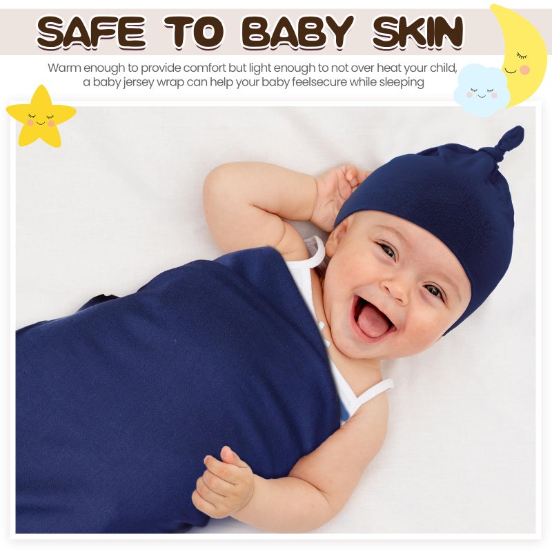 JaGely 2 Pcs Stretchy Baby Swaddle Blankets Set Extra Soft 47" x 47" Baby Newborn Swaddle Blanket and Hat(Navy Blue, Claybank) - Image 5