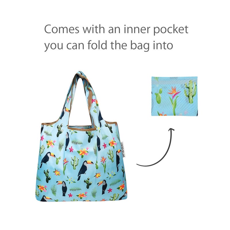 allydrew Foldable Tote Nylon Reusable Grocery Bag (Set of 2), Toucan & Cacti - Image 5