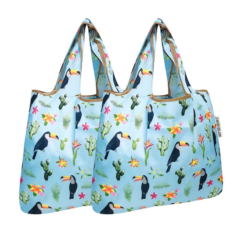 allydrew Foldable Tote Nylon Reusable Grocery Bag (Set of 2), Toucan & Cacti - Image 1
